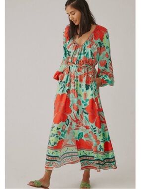 Farm Rio + Anthropologie Poppy Print Maxi Dress Tropical Floral POCKETS! L EUC